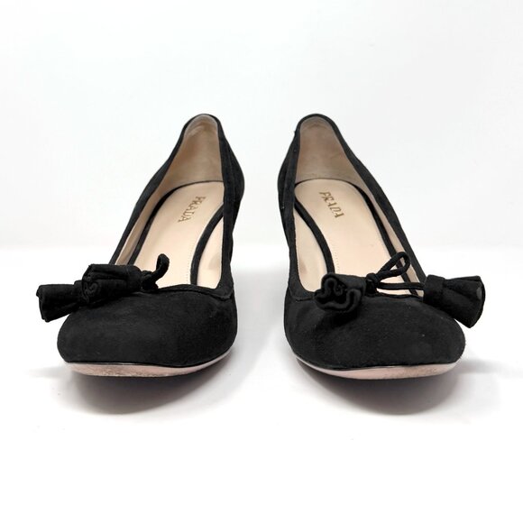 Prada Black Suede Heels Bow Detail Size 41 Vintage Old Money Quiet Luxury - Picture 4 of 10